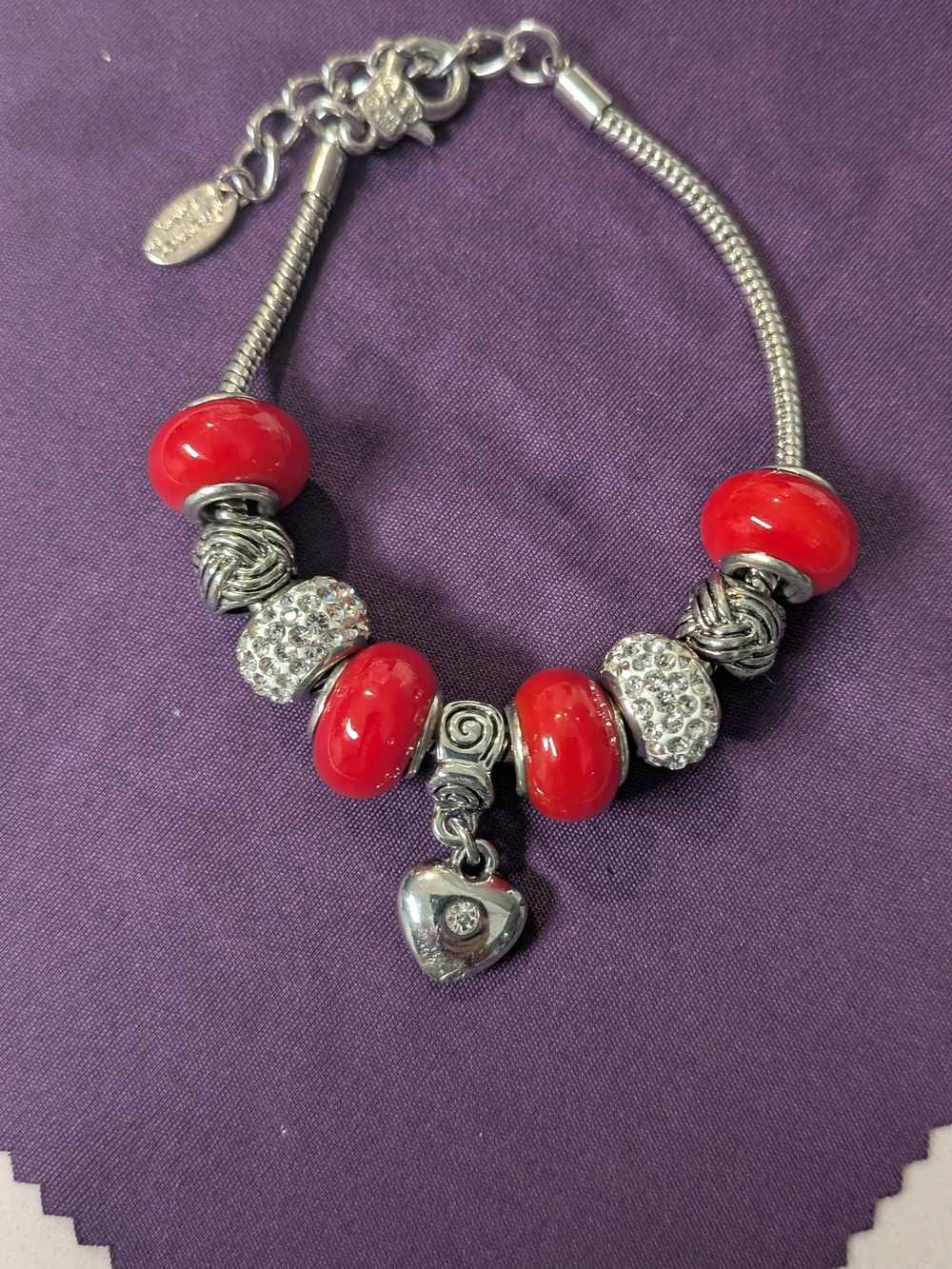 Red Bead Charm Bracelet with Heart Dangle - Women Jewelry